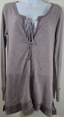 Gilded Intent Purple Marled Deep V Neck With Tie Henley Top Small Lightweight